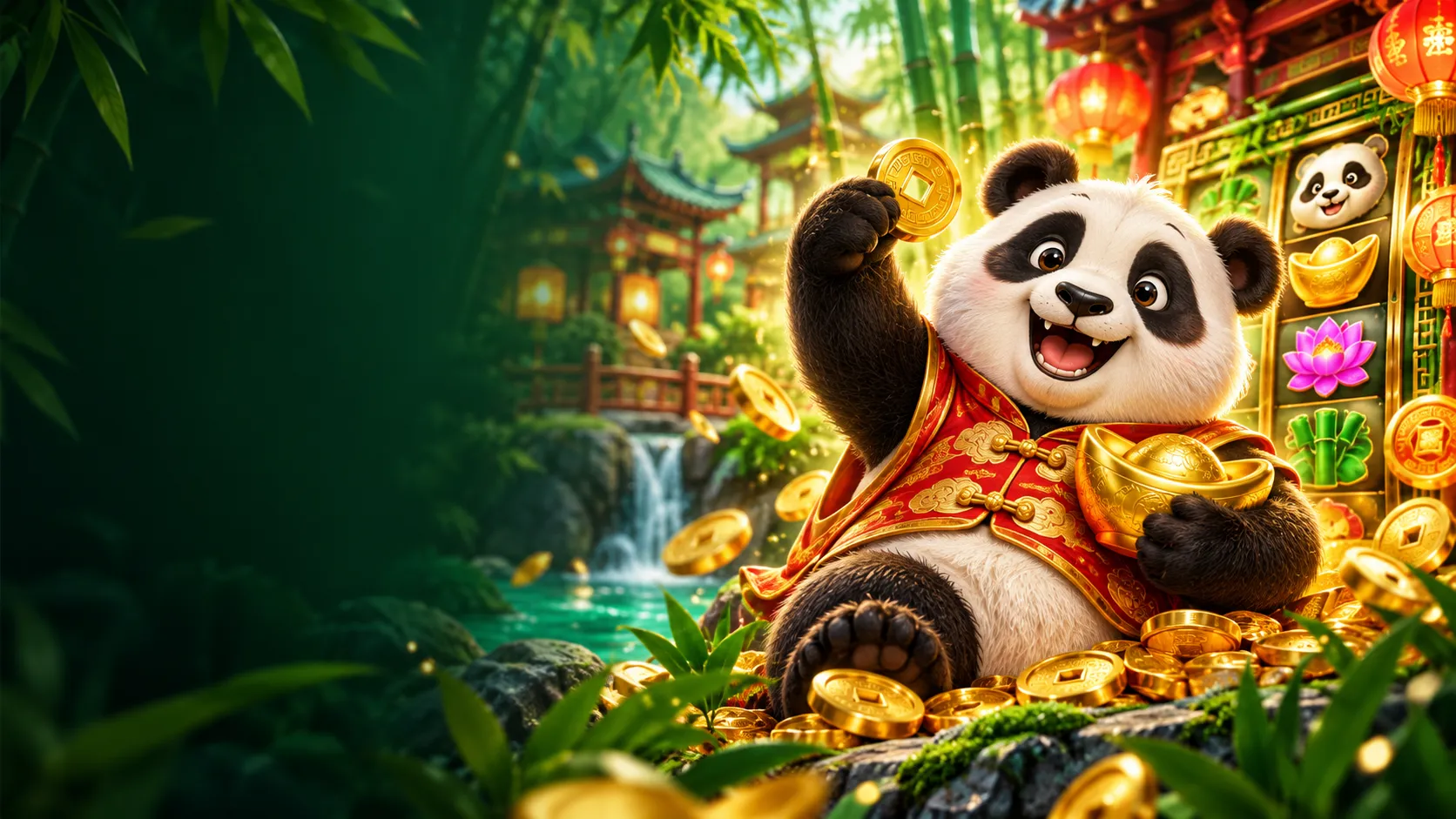 Ilustração de um panda com moedas douradas em cenário de bambu
